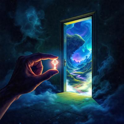 The primary subject of the image is a person holding a key in front of a door. The setting is a doorway with a colorful and surreal background, featuring a purple sky and a green landscape. The visual style is a digital art or illustration, creating a unique and vibrant atmosphere. The colors and mood of the image are predominantly purple and green, giving it a dreamy and fantastical feel.
